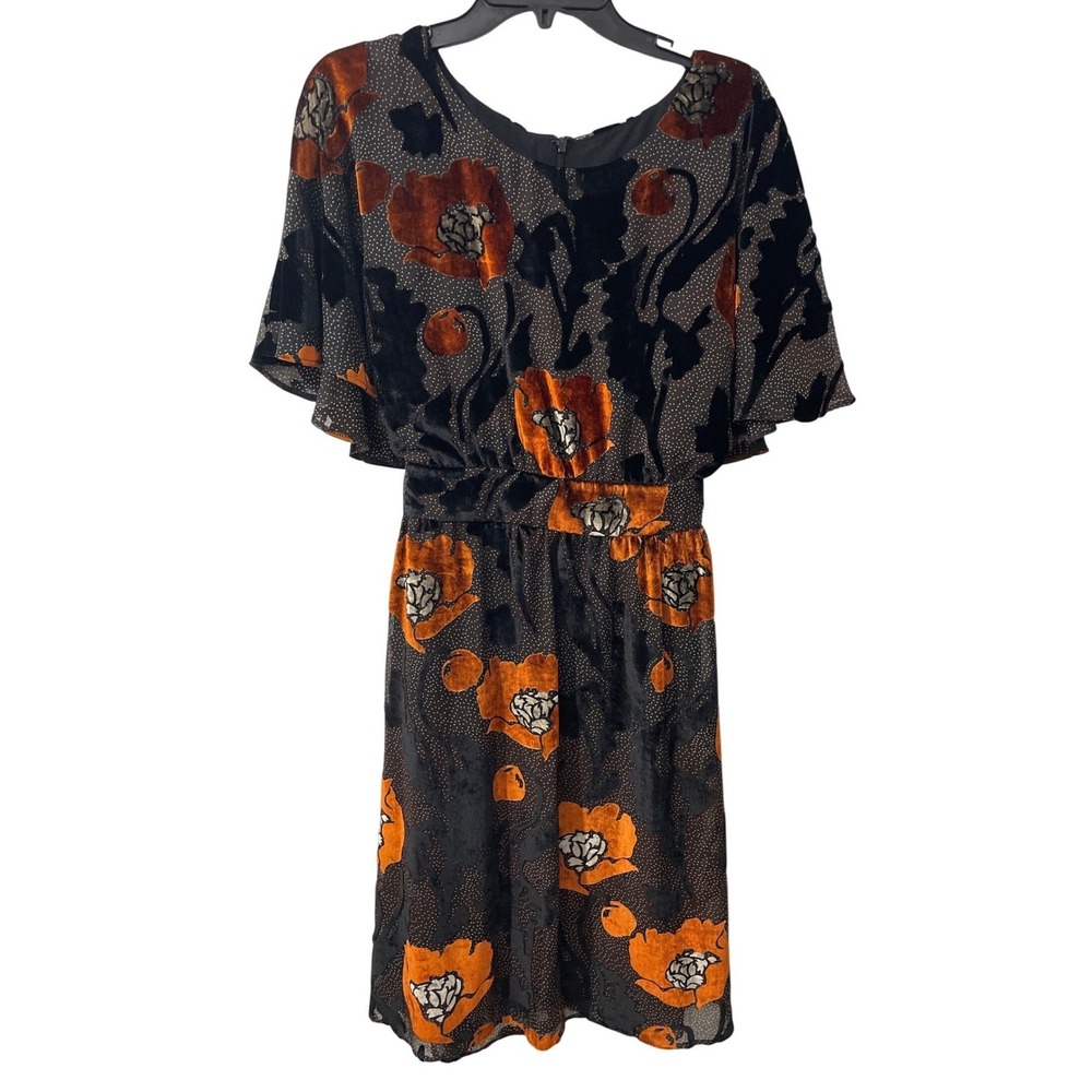 Vtg Laura Ashley Womens 10 Devore Burnout Velvet Floral Midi Dress Orange Black